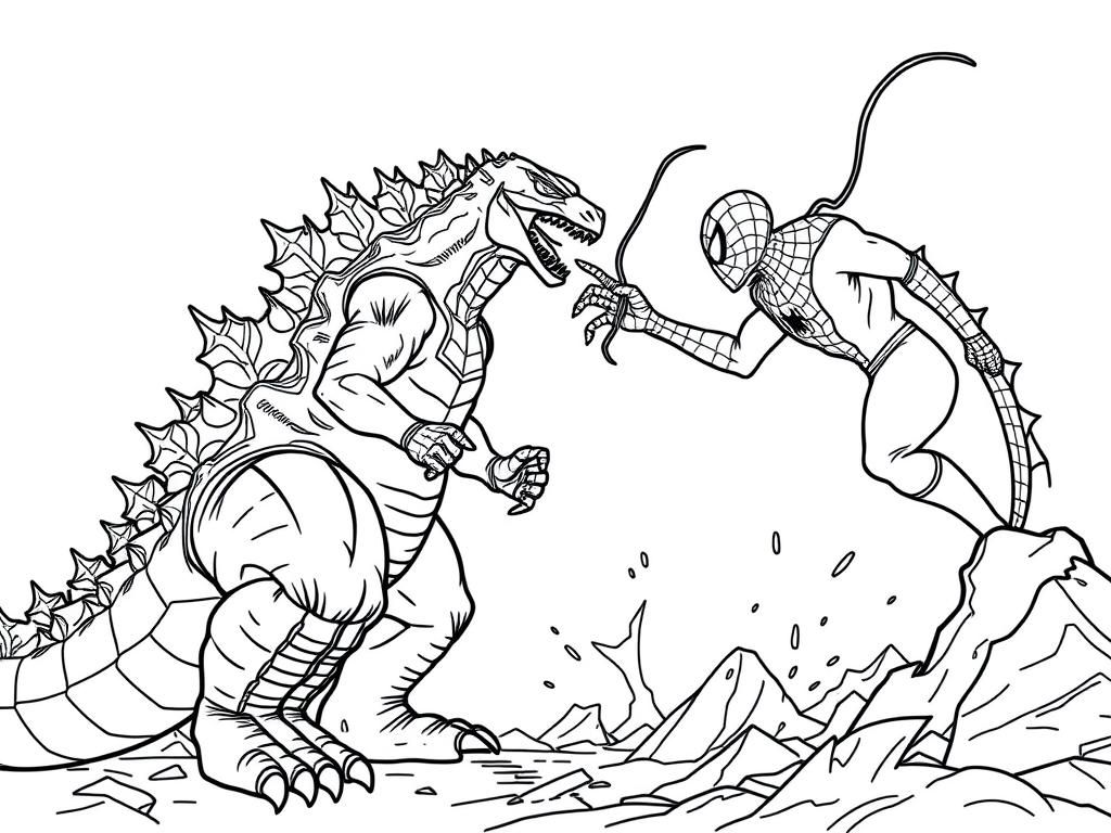 Godzilla vs Spiderman kleurplaat