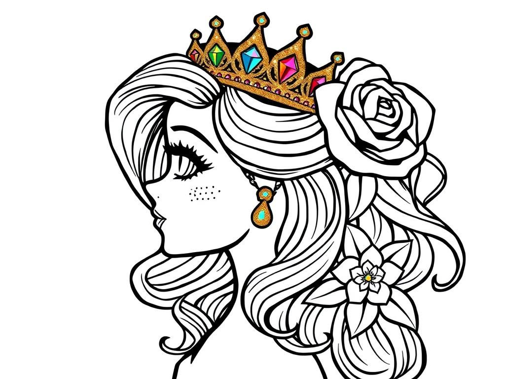 gorgeous princess with crown, full body golden glitter in the hair long curly. jewlery diamonds. really beautiful dress. glitter decorations in the hair. huge rose with rainbow diamond in the hair - Free Printable Coloring Page