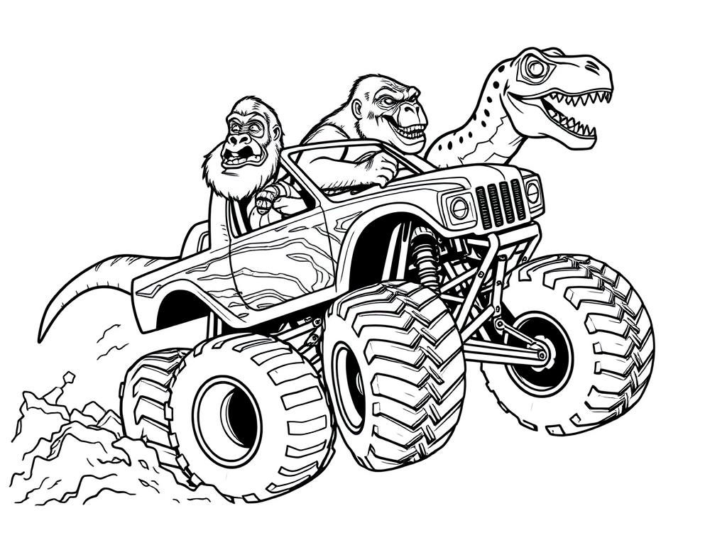 gorillas and cheetas and t-rex driving monster trucks and doing stunts - Free Printable Coloring Page
