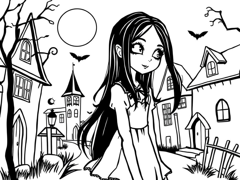 Spooky Halloween Village Coloring Page