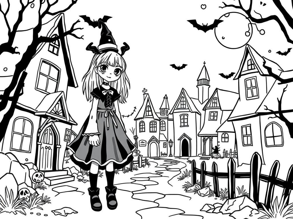 Halloween Witches Village Coloring Page