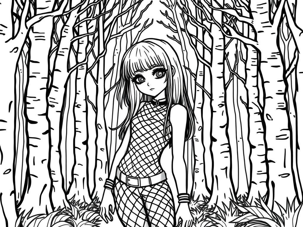 goth girl wearing fishnets in the scary forest