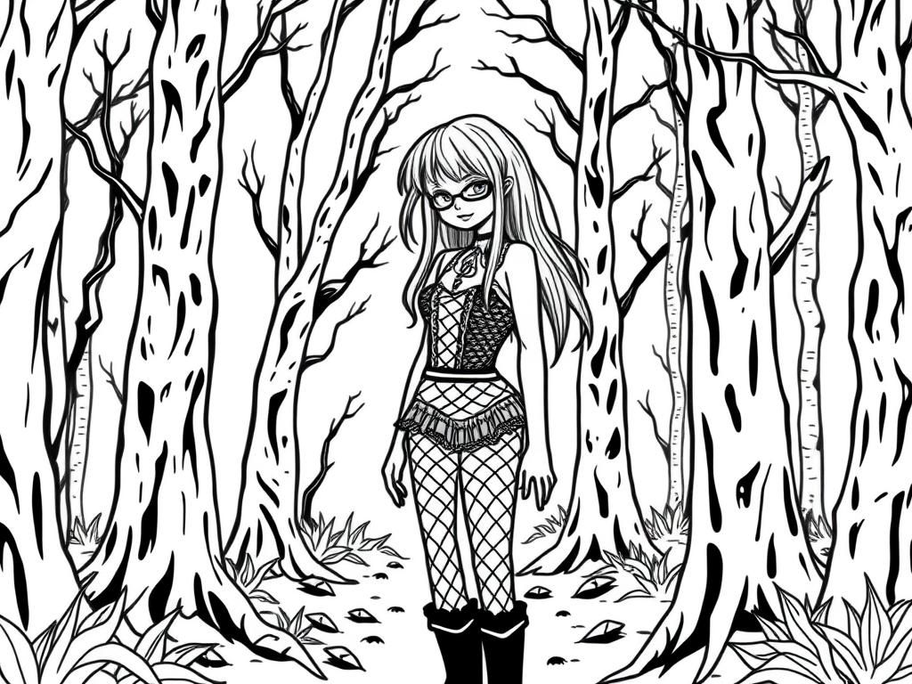goth girl wearing fishnets in the scary forest