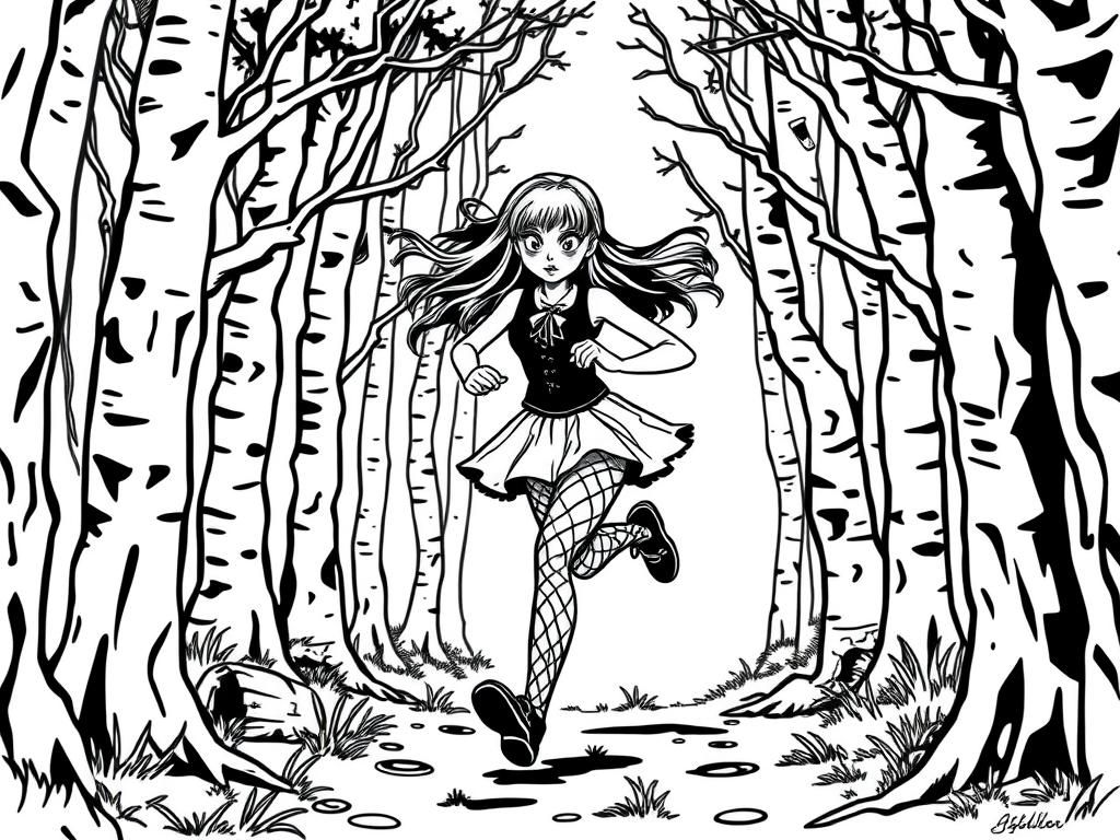 goth girl wearing fishnets running in the scary forest