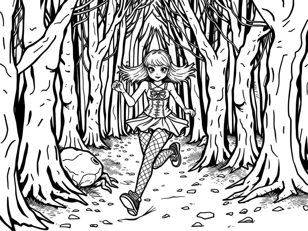 goth girl wearing fishnets running in the scary forest
