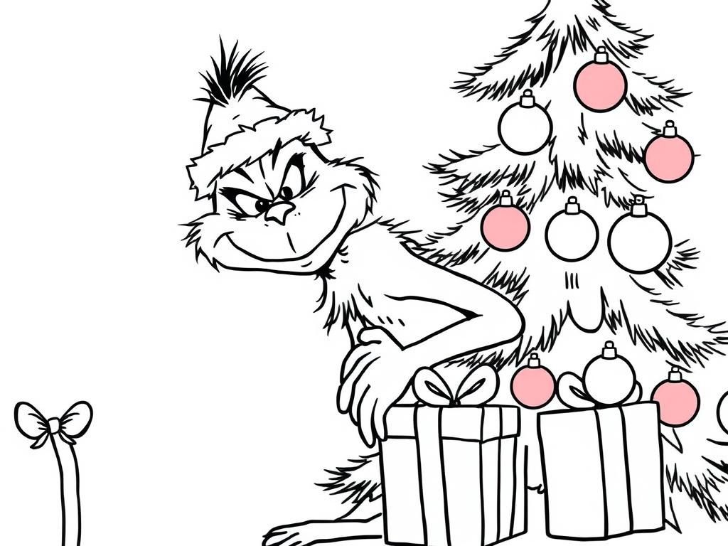 grinch chrismas tree presents - Free Printable Coloring Page