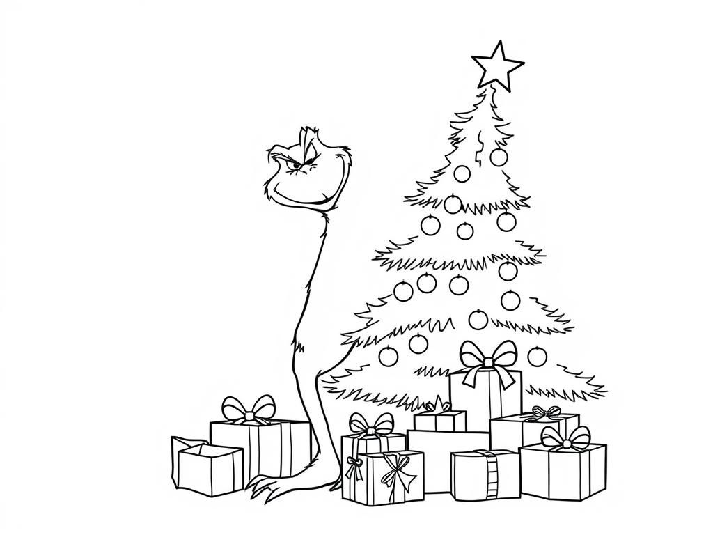 grinch chrismas tree presents - Free Printable Coloring Page