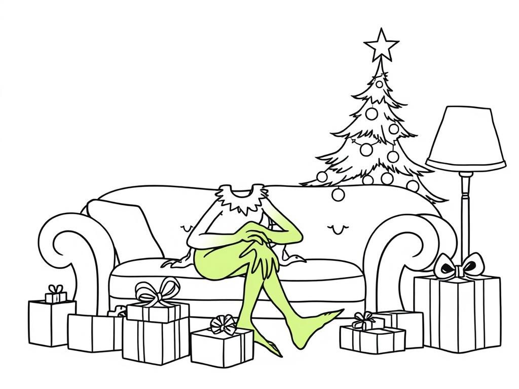 grinch chrismas tree sofa presents - Free Printable Coloring Page