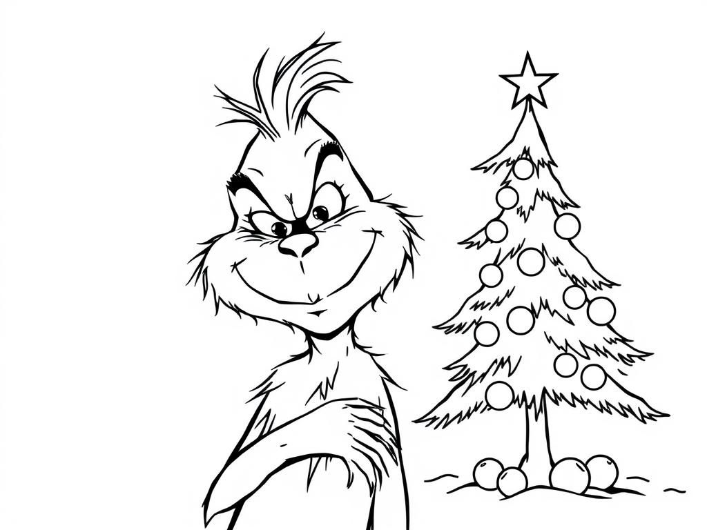 grinch with xmas tree - Free Printable Coloring Page