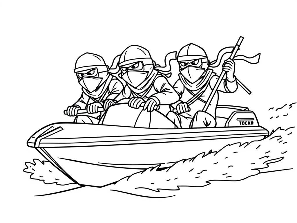 grown up ninjas in a speed boat