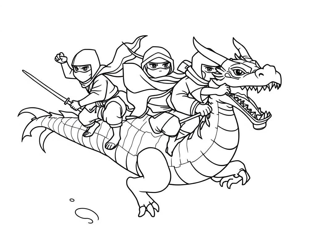 grownup ninjas on a dragon flying