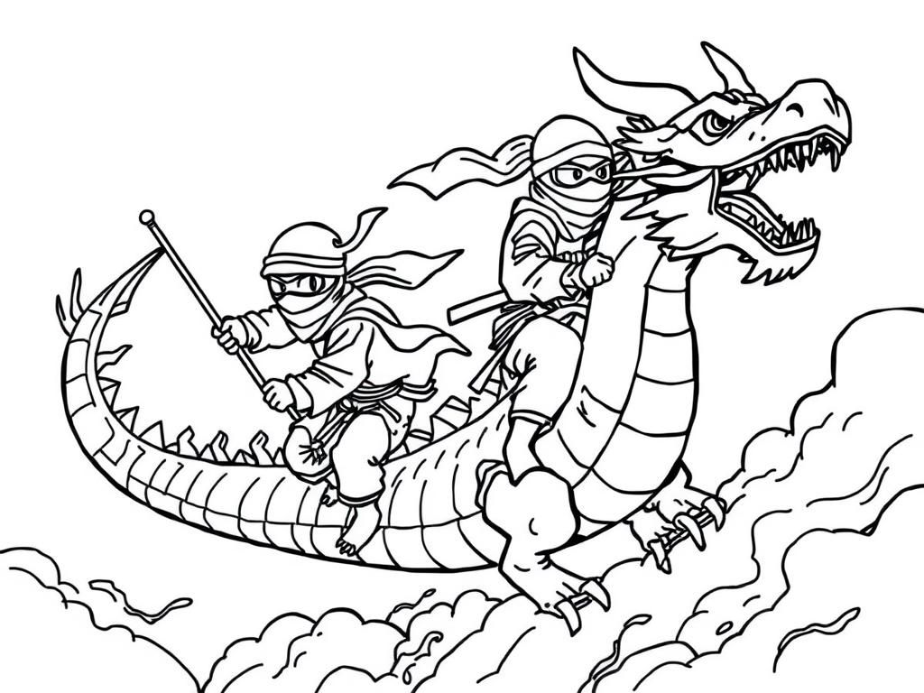 grownup ninjas on a dragon flying