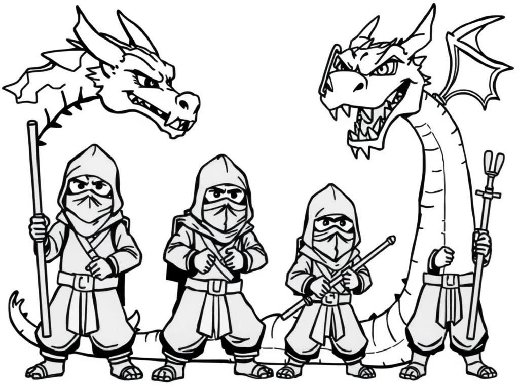 grownup tall ninjas next to a dragon