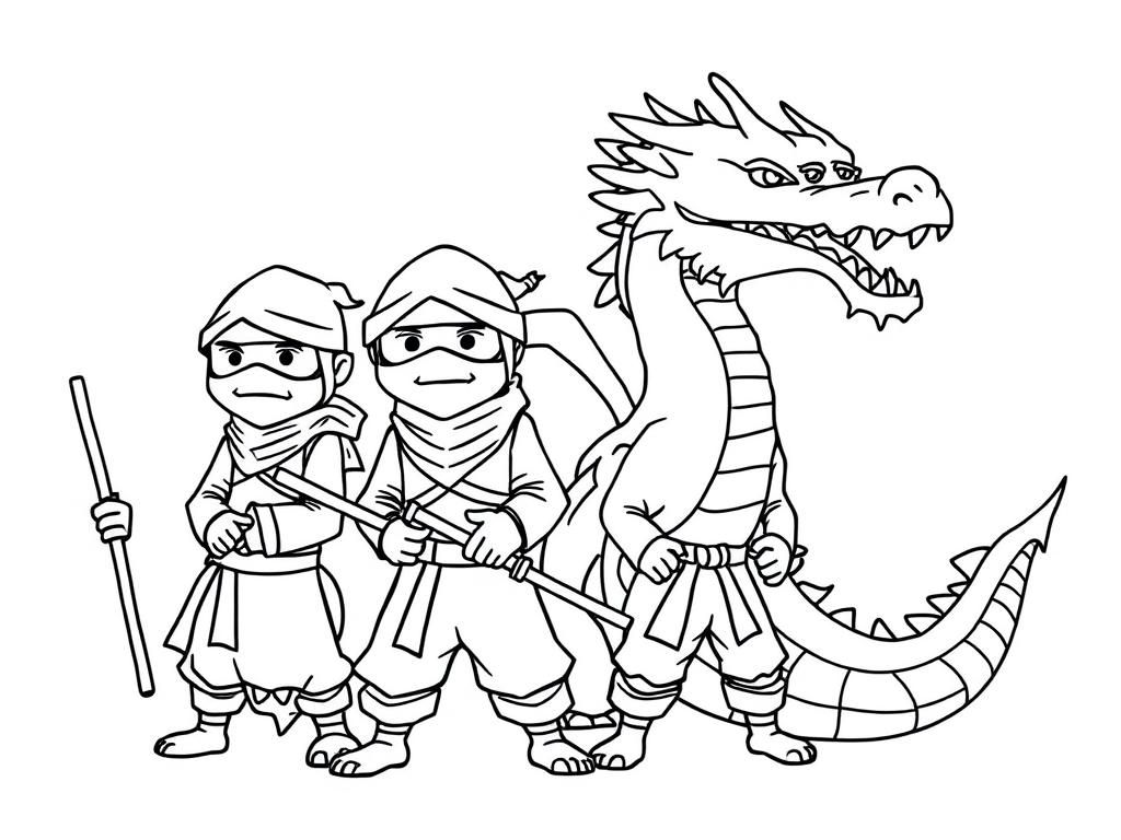 grownup tall ninjas next to a dragon