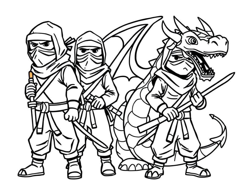 grownup tall ninjas next to a dragon