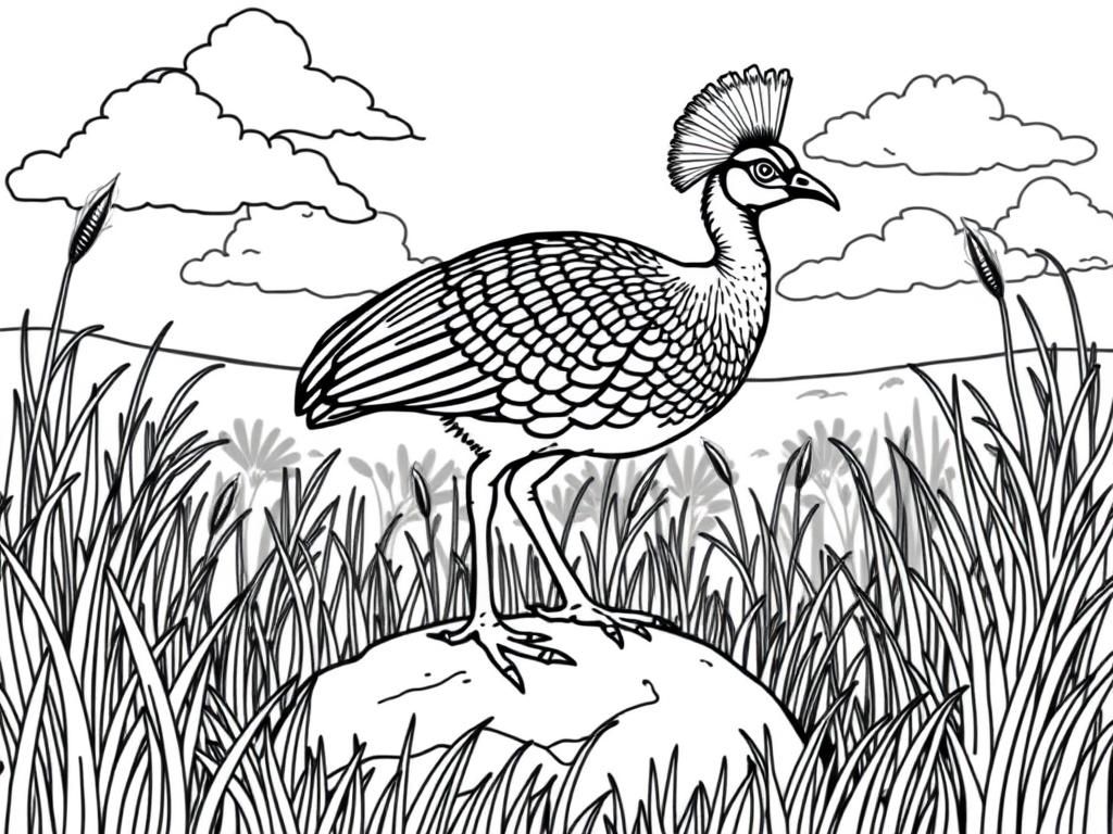 "Guineafowl Bird standing on a rock surrounded by the grass. Background: a sunny savanna with tall grass and fluffy clouds." - Free Printable Coloring Page