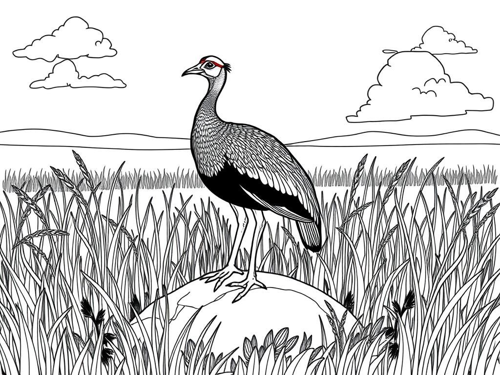 "Guineafowl standing on a rock surrounded by the grass. Background: a sunny savanna with tall grass and fluffy clouds." - Free Printable Coloring Page