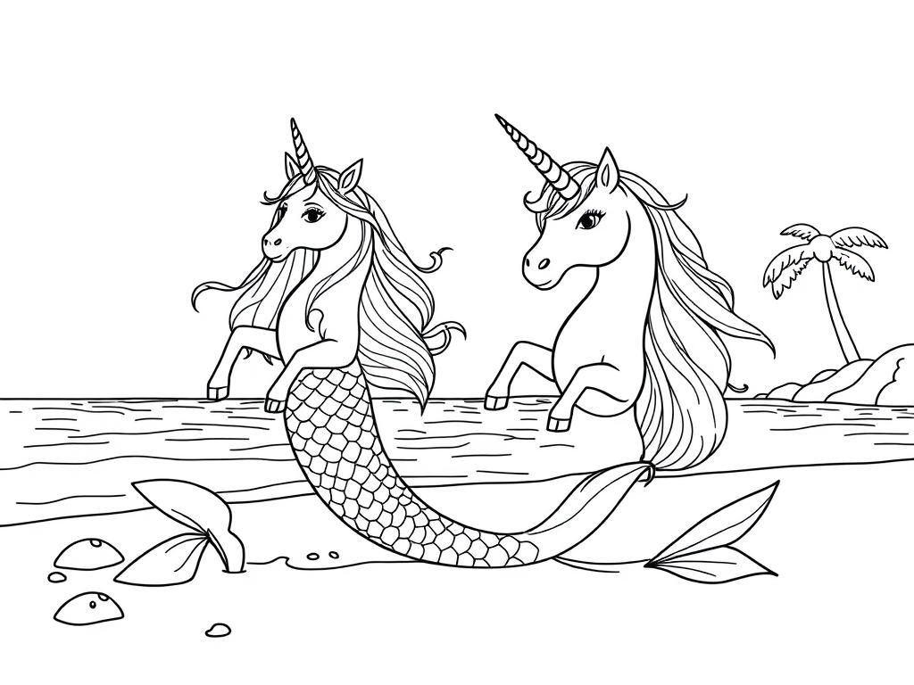 Half mermaid half unicorns sporting on the beach on a summer day