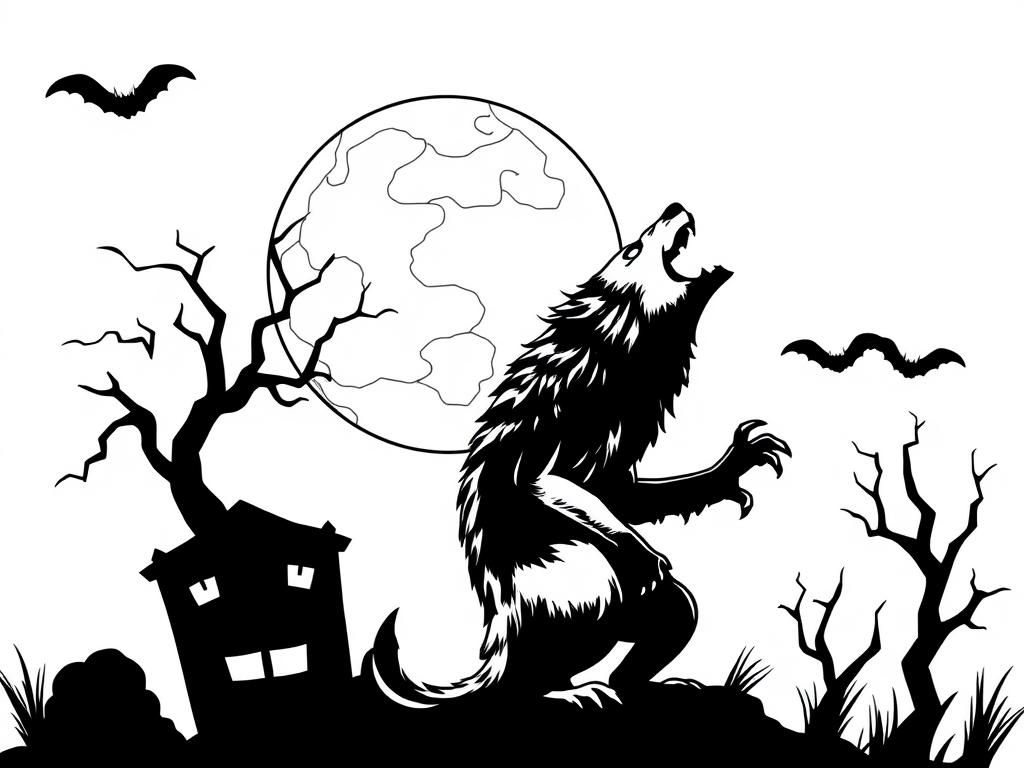 Preview of Halloween coloring page featuring a werewolf howling at the full moon, with creepy shadows in the background.