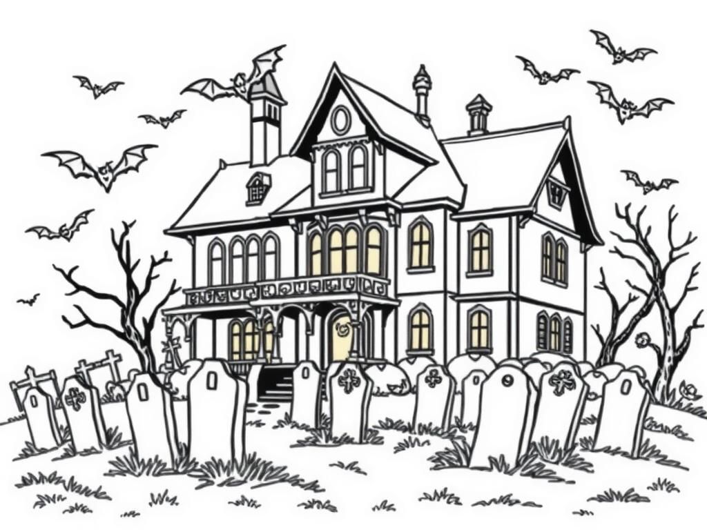 Preview of Halloween coloring page of an old mansion with a graveyard in the front yard, bats flying around.