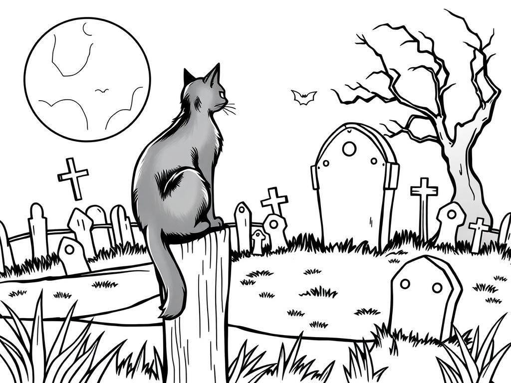 Halloween coloring page showing a black cat sitting on a fence post, staring at a creepy graveyard. - Free Printable Coloring Page