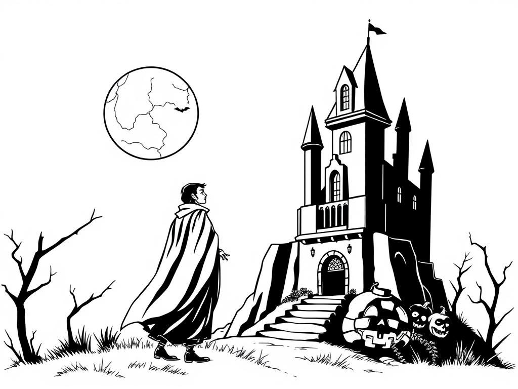 Preview of Halloween coloring page showing a vampire in a cape standing by an old castle, with the full moon casting a shadow.