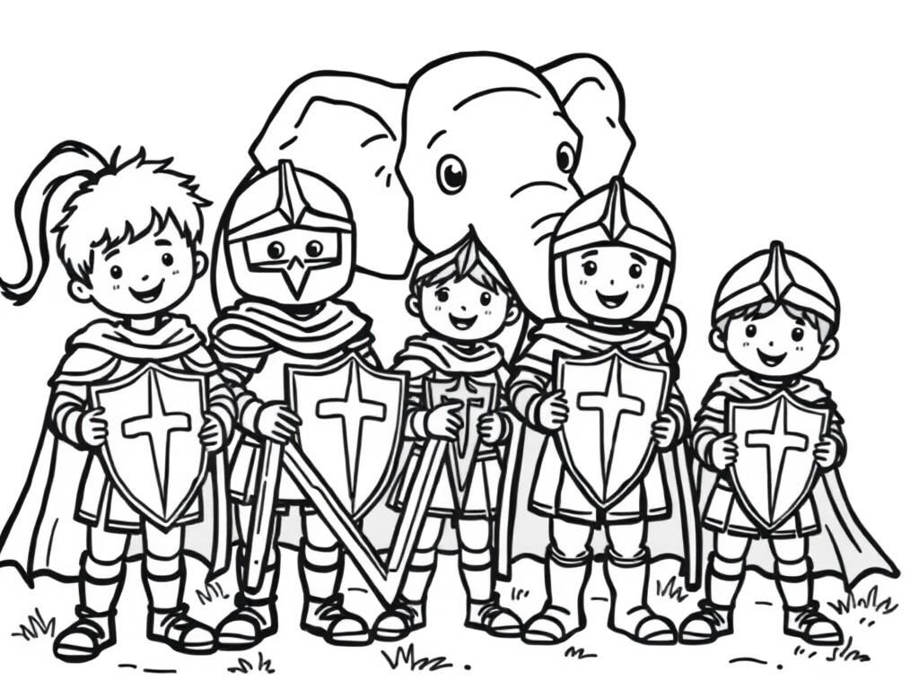 Preview of Happy children dressed as knights on the playground with one elephant in the background.