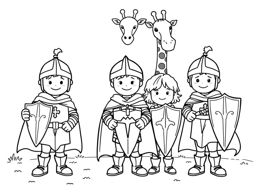 Preview of Happy children dressed as knights on the playground with one giraffe in the background.