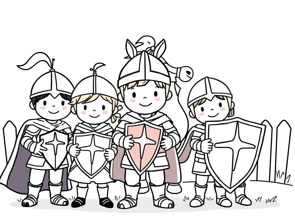 Preview of Happy children dressed as knights on the playground with one horse in the background.