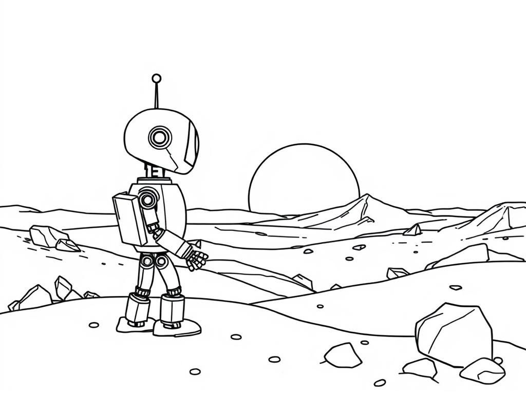 happy robot watching sunset on mars