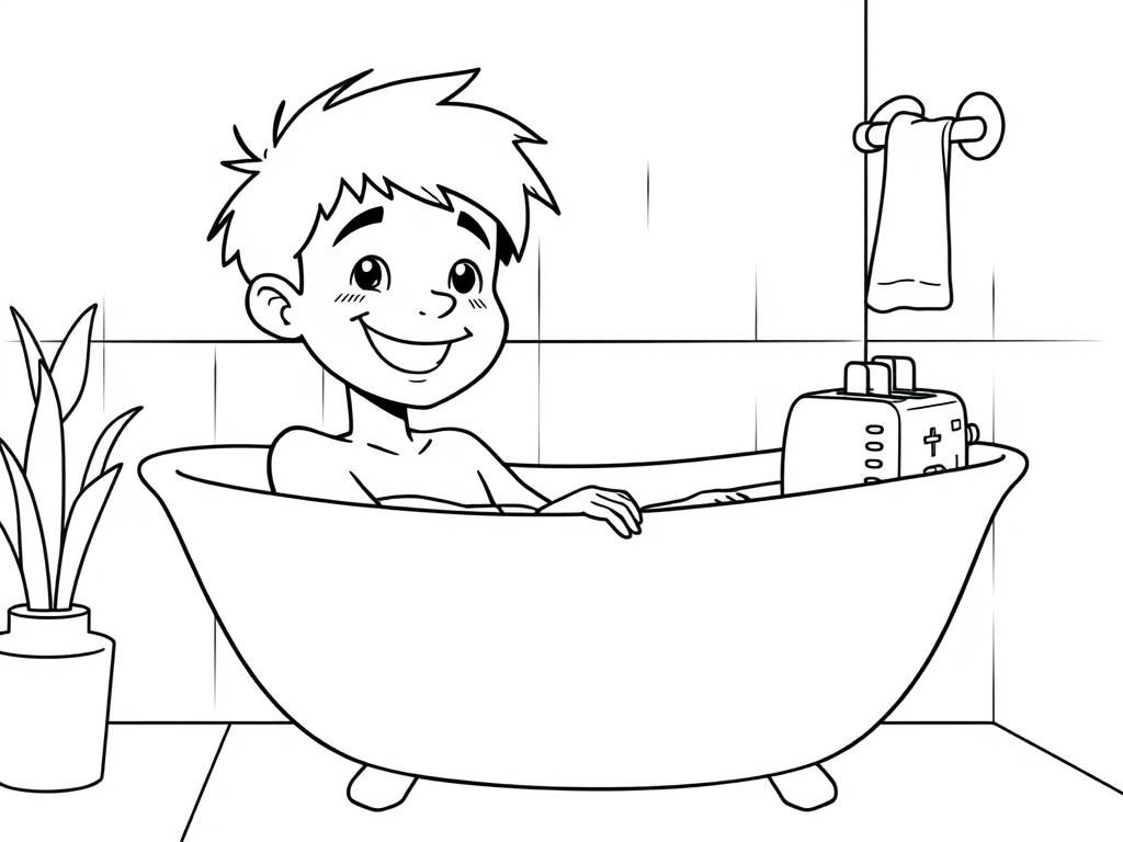 Preview of happy teenager in bath tub with toaster bathroom scene