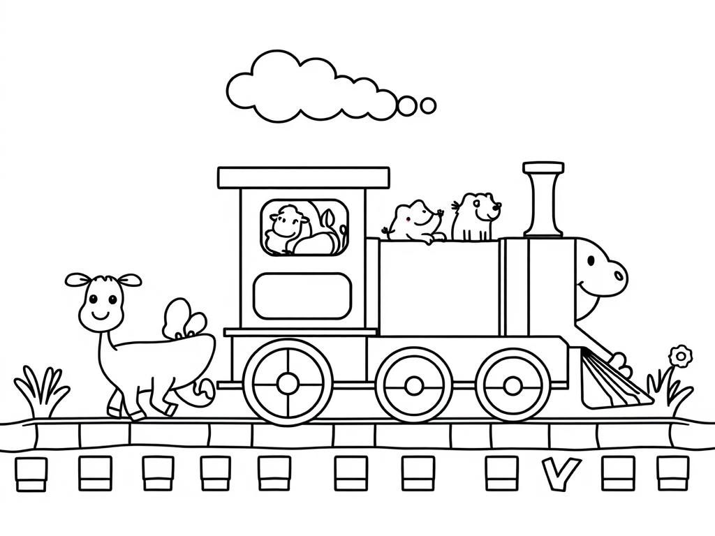 happy train and animals - Free Printable Coloring Page