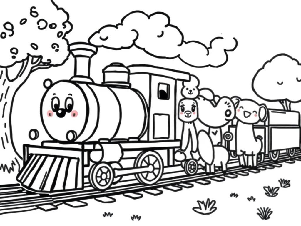 happy train and animals - Free Printable Coloring Page