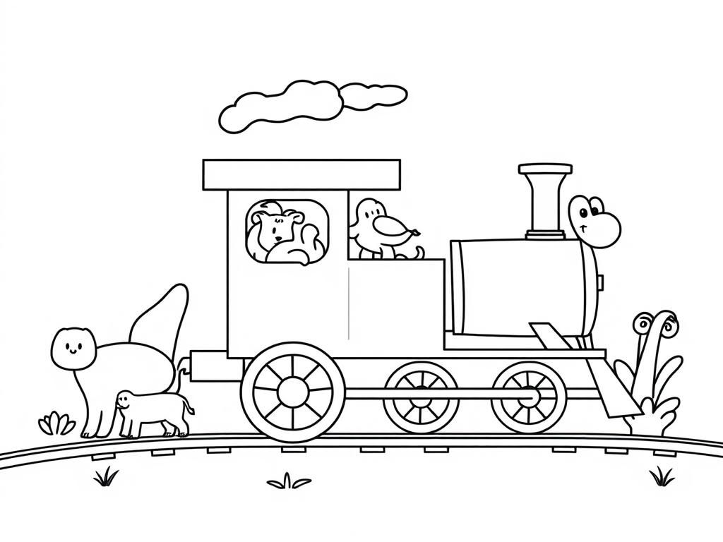 happy train and animals - Free Printable Coloring Page
