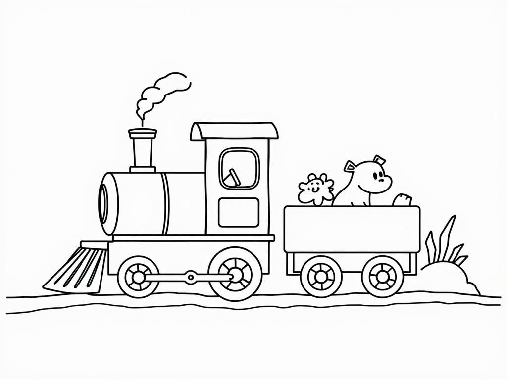 happy train with excavator and animals - Free Printable Coloring Page