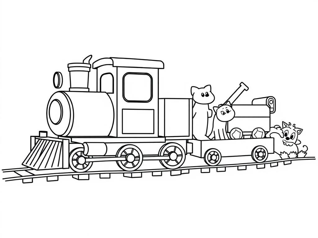 happy train with excavator and animals - Free Printable Coloring Page