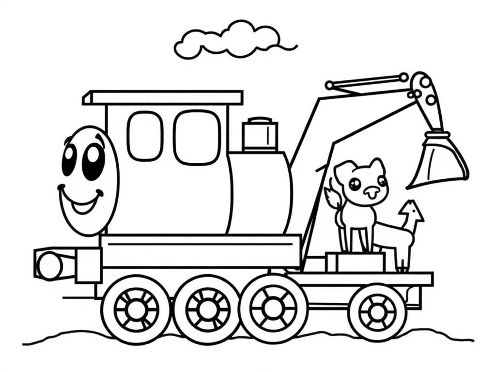 happy train with excavator and animals - Free Printable Coloring Page