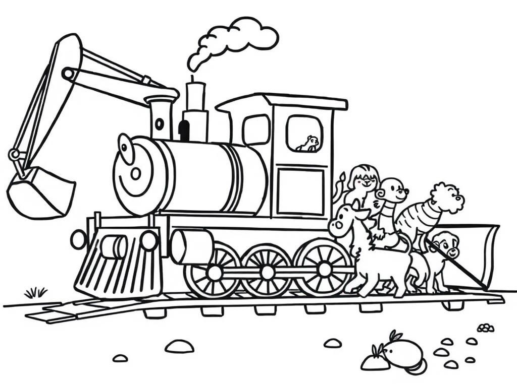 happy train with excavator and animals - Free Printable Coloring Page