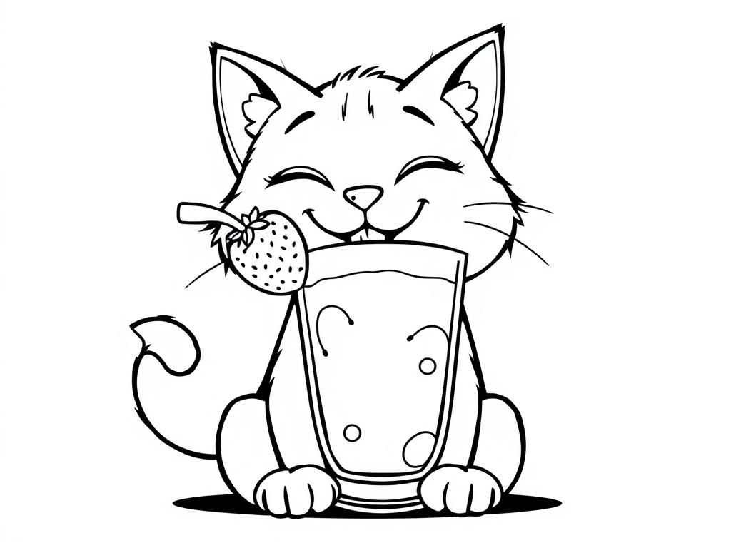 hapy smiling cat licks a strawberry milkshake - Free Printable Coloring Page