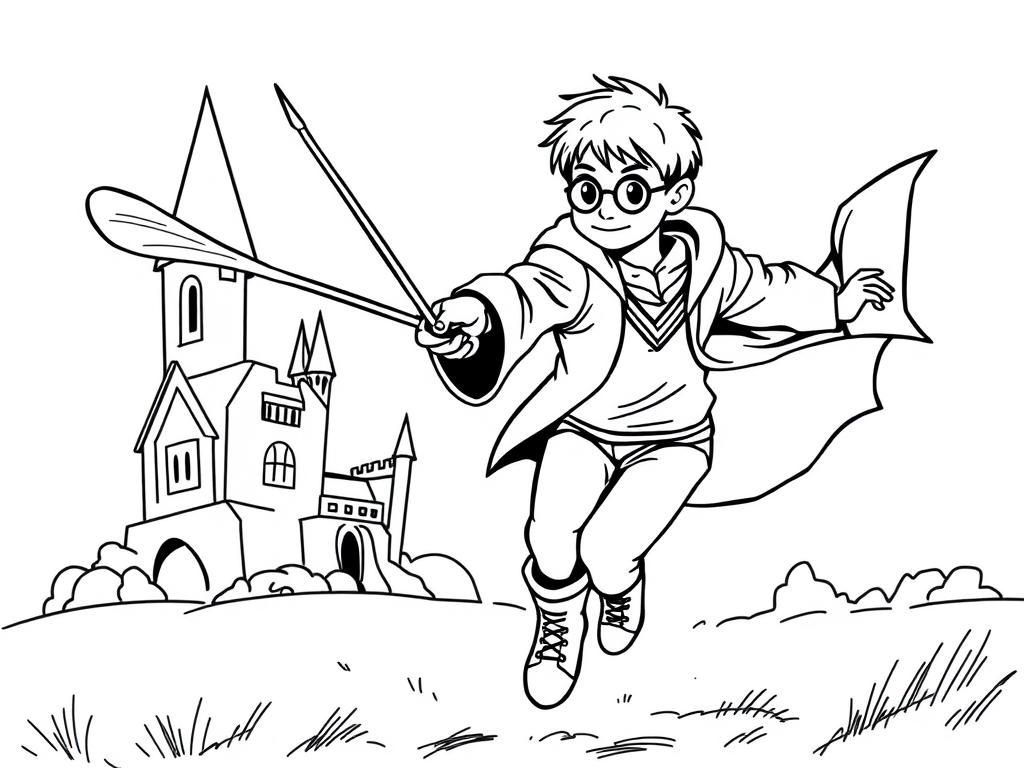 Harry Potter playing quidditch at hogwarts