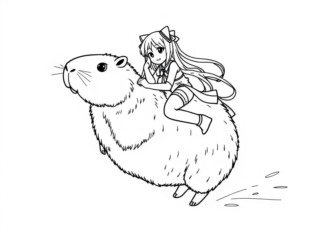 Anime Girl Riding Capybara Coloring Page