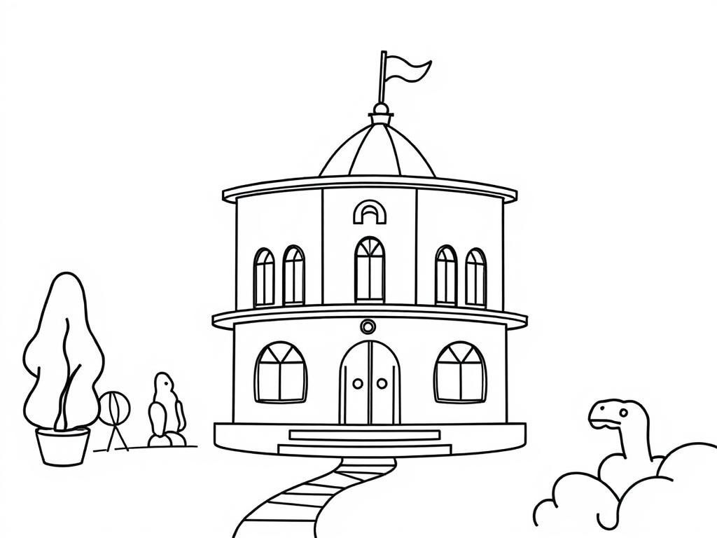 House with Dinosaur Coloring Page