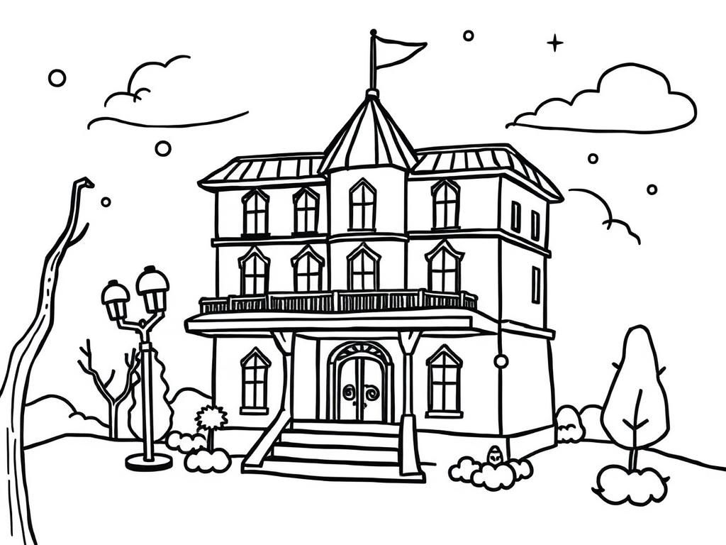 House Coloring Page with Balcony and Flag