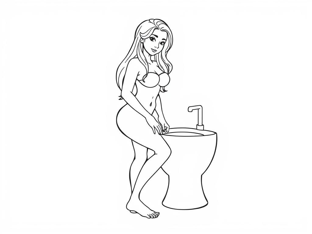 healthy strong woman with long hair and with bare feet about to use a bidet. you can see her clearly