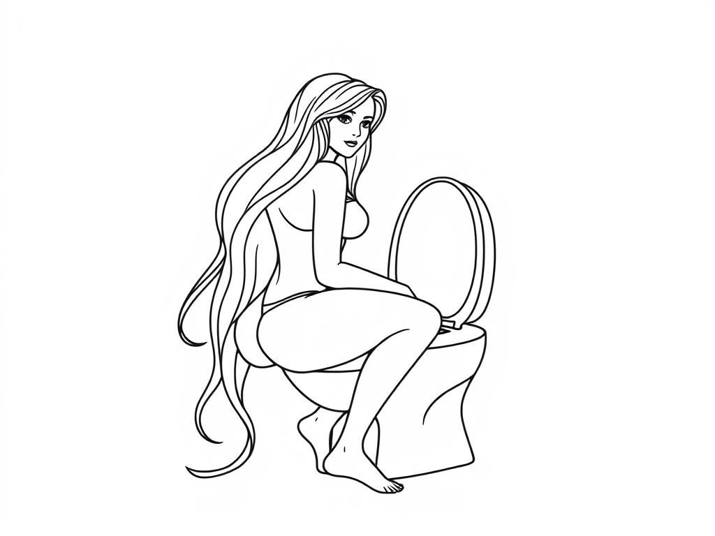 Preview of healthy strong woman with long hair and with bare feet about to use a toilet