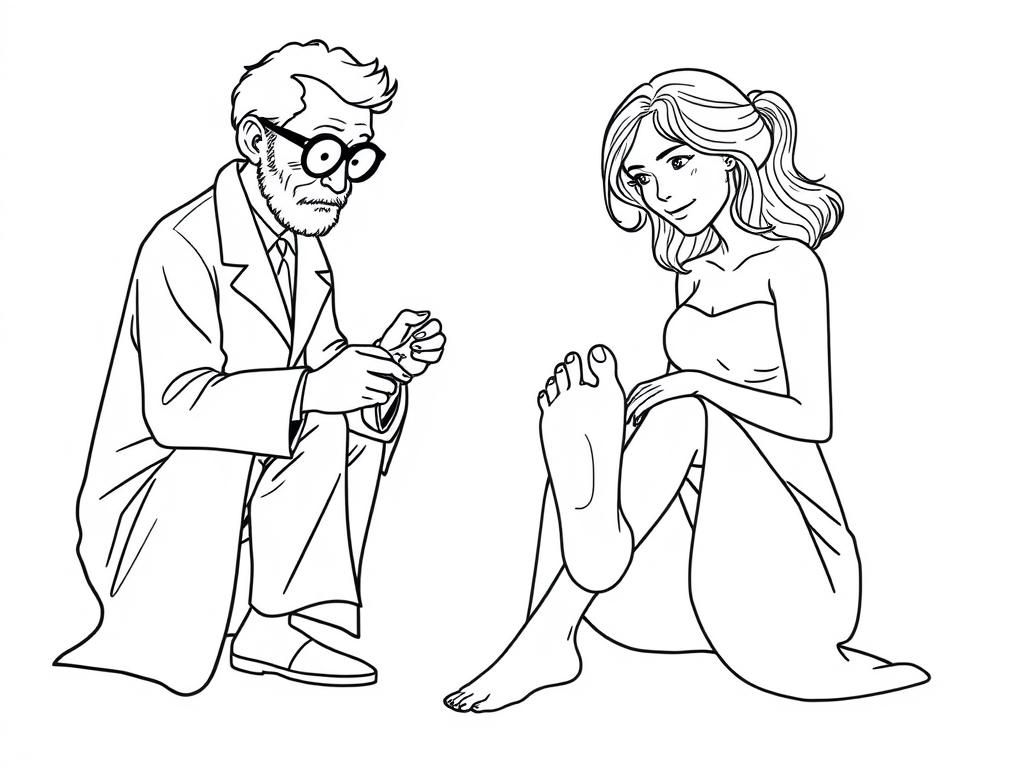 healthy woman with bare feet showing feet to scientist who is intrigued