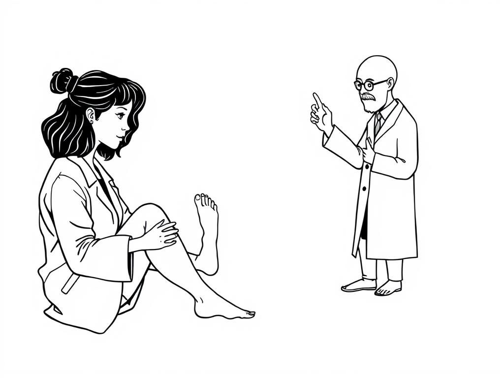 healthy woman with bare feet showing feet to scientist who is making unified theory of feet