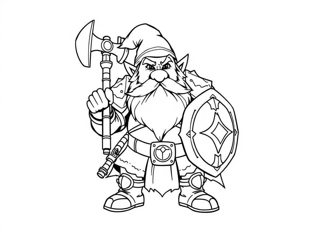 heavily armoured dwarf with a large warhammer and shield - Free Printable Coloring Page