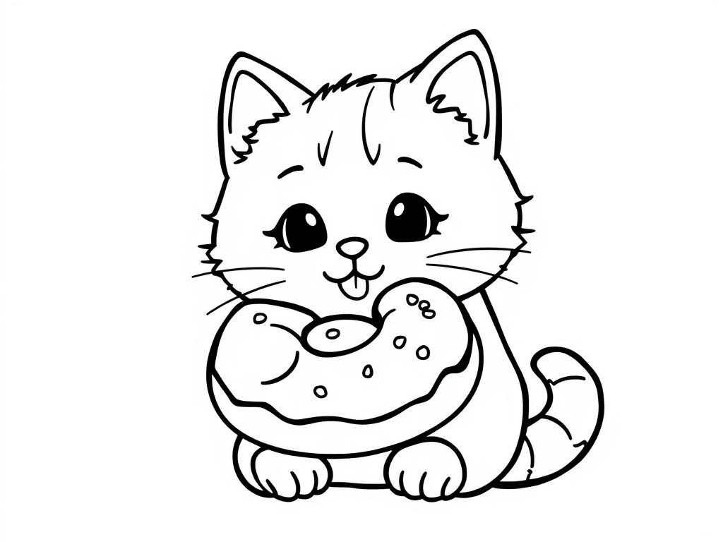 Cute Cat with Donut Coloring Page