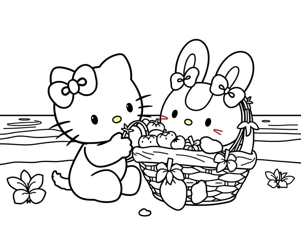 Preview of hello kitty and cinnamoroll eating strawberries out of a strawberry basket outside on the beach